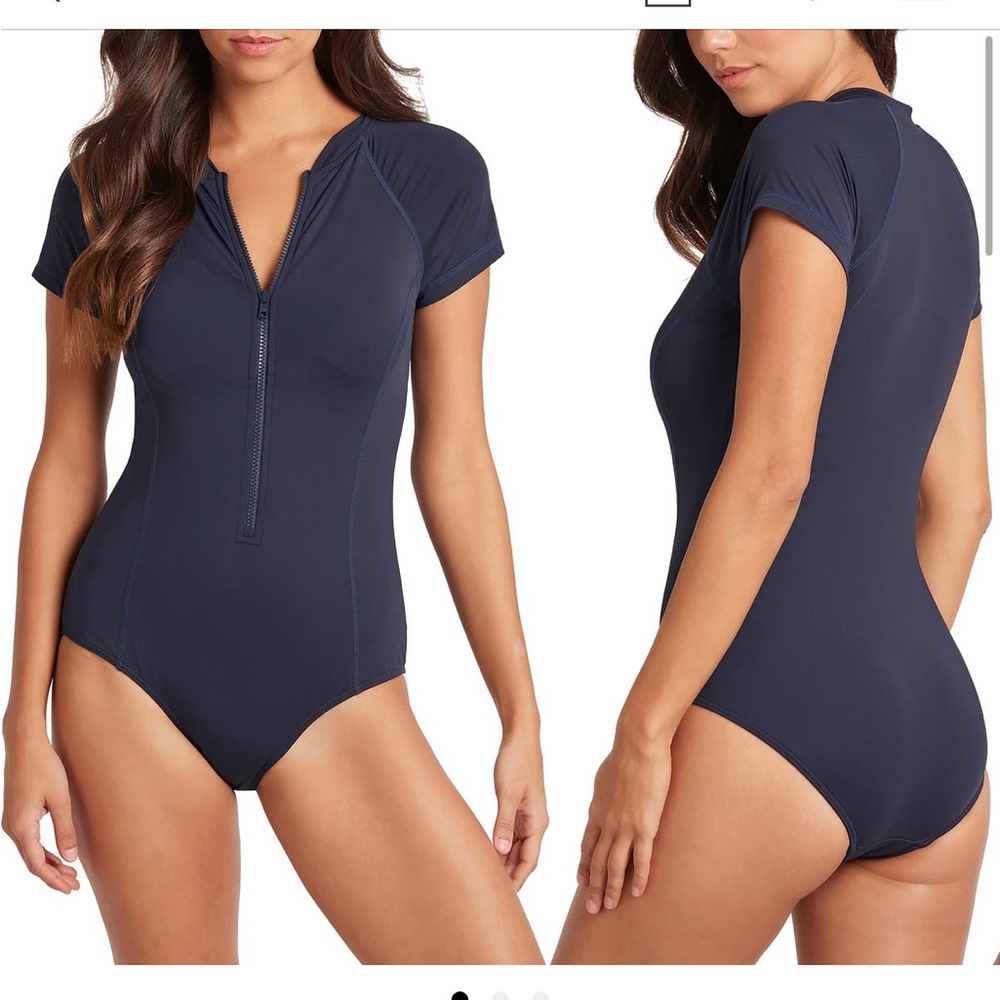 Sea Level Short Sleeve Multifit Front Zip One-Piece Swimsuit